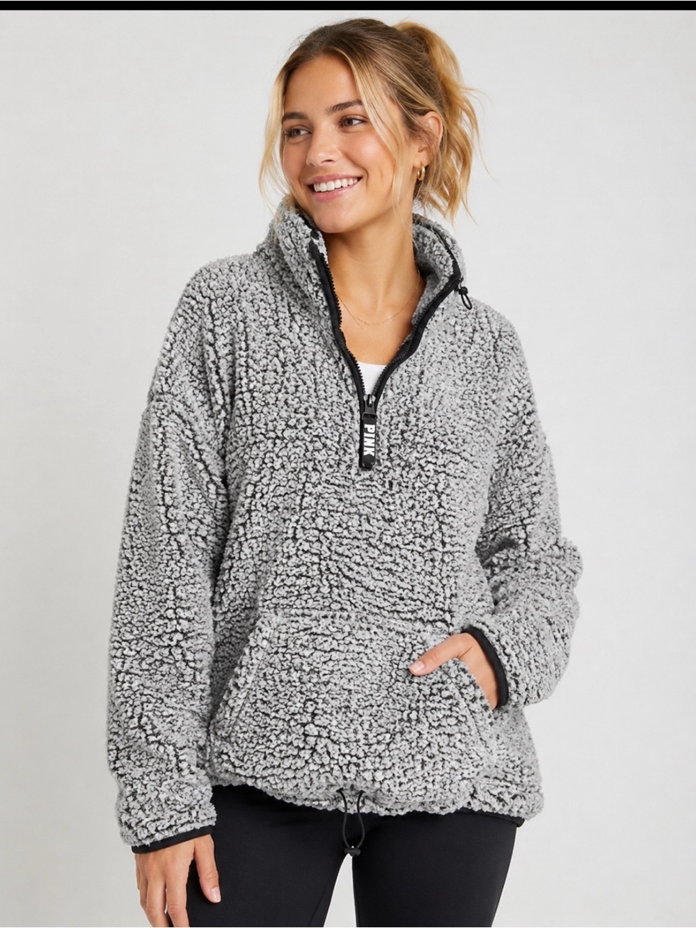 PINK Victoria's Secret Gray and Black Sherpa Half-Zip Pullover Size Medium